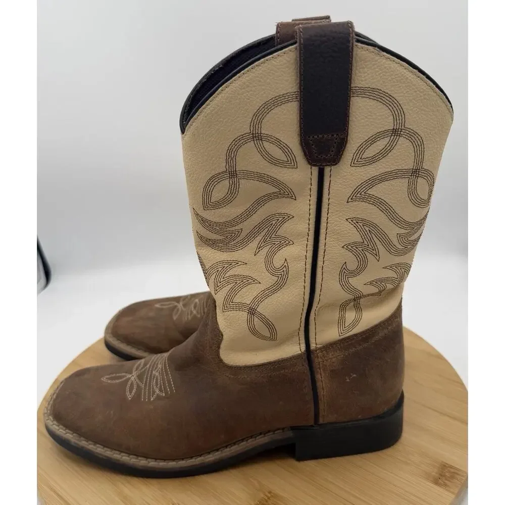 Cowboy Legend Brown Leather Western Boots Square Toe Youth Size 5